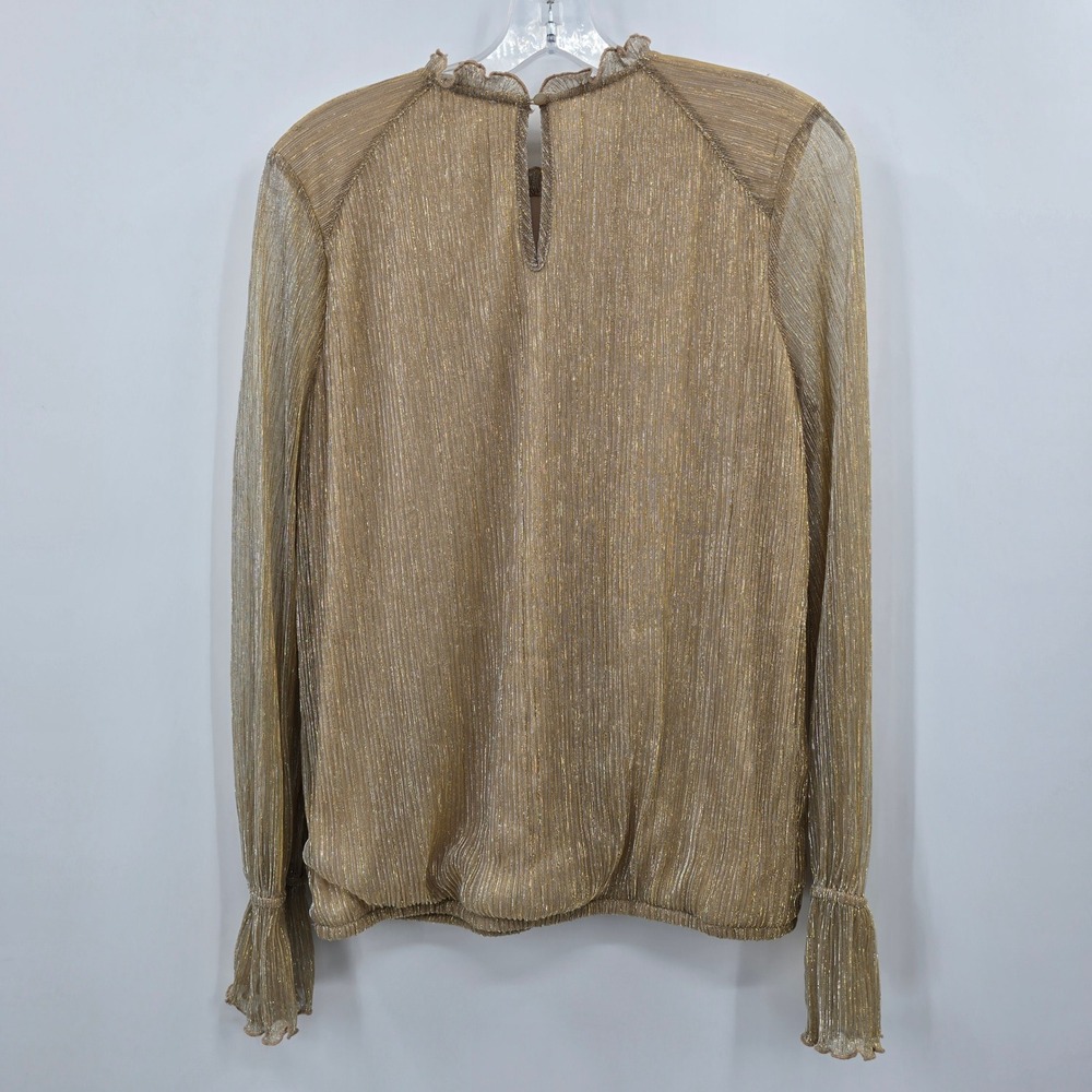 Love and Promises Blouse Womens Medium Gold Metallic Pleated Ruffle Neck - Picture 2 of 9